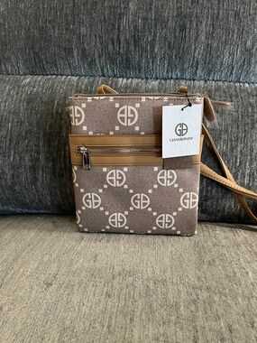 Giani Bernini taupe logo-print crossbody with tan trim